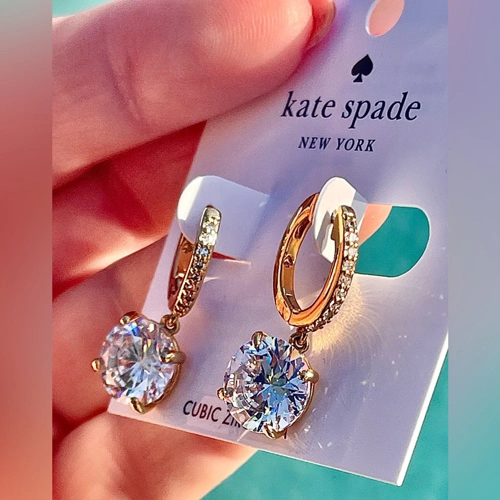 Kate Spade NWT Crystal Drop Gold hoop Huggies Earrings Brilliant CubicZirconia - Picture 7 of 10